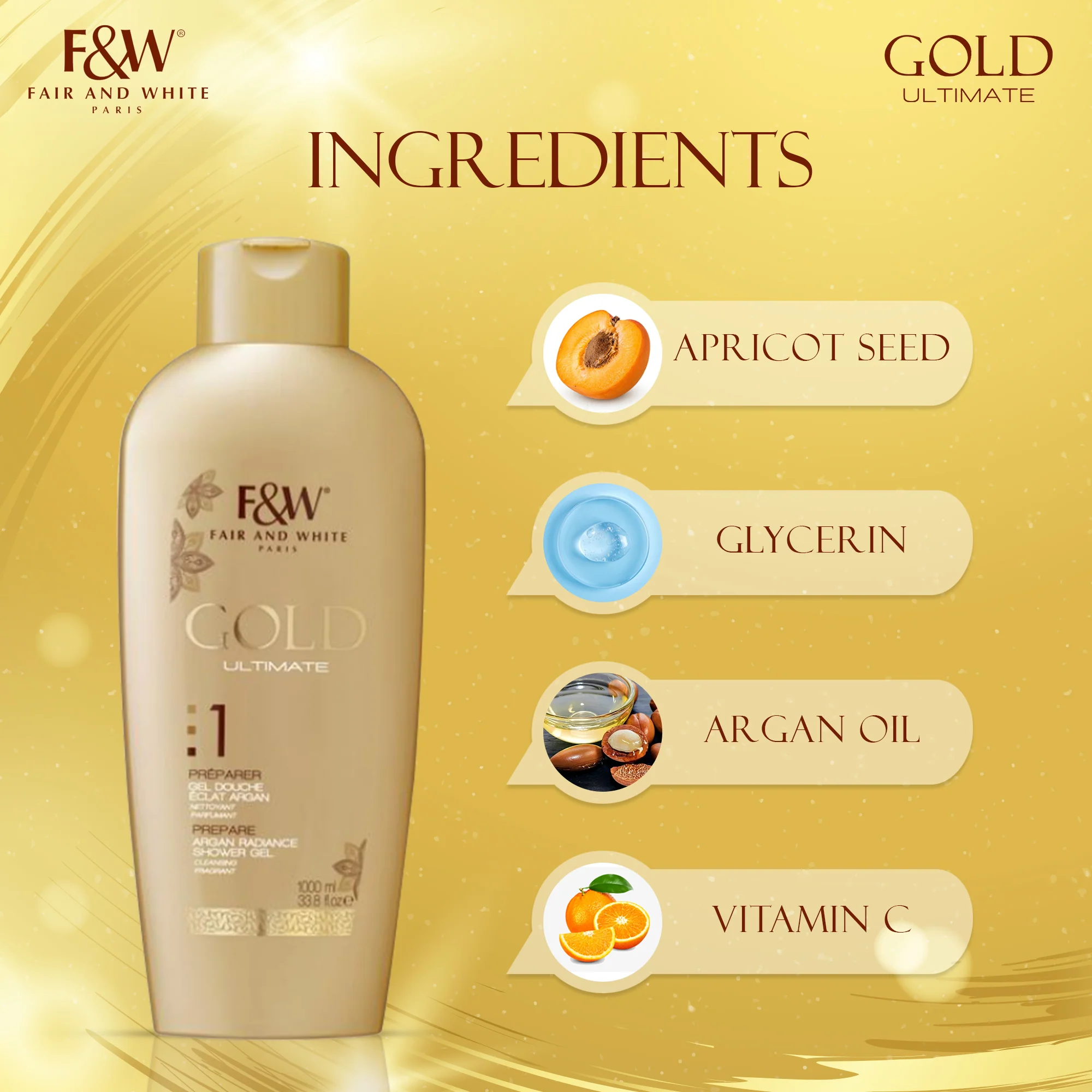 Fair and White 1: Gold Argan Shower Gel 1000ml / 33.81 fl Oz - Image 4
